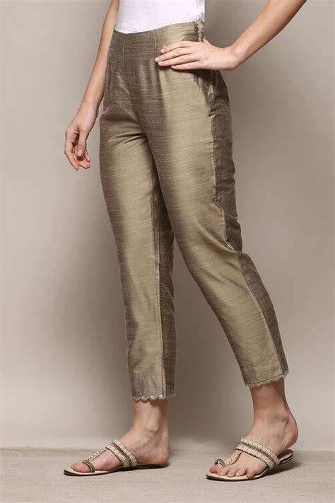 Antique Beige Polyester Slim Yarndyed Pants at Biba India