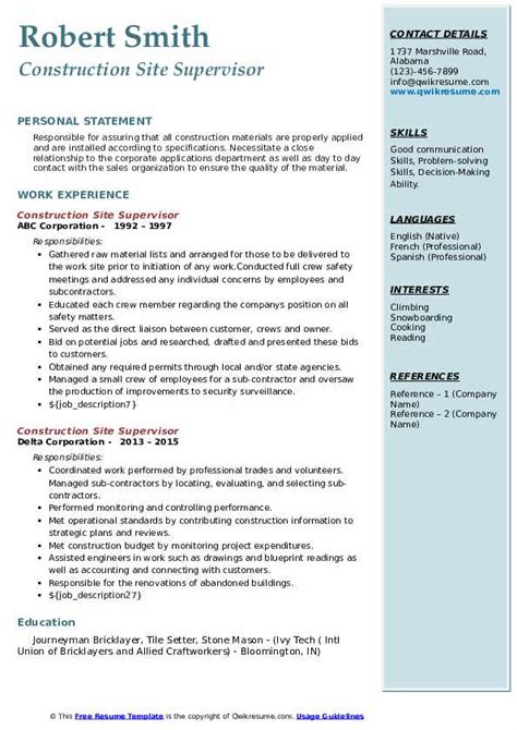 Construction Site Supervisor Resume Samples | QwikResume