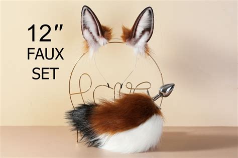 Light coffee bunny tail plug and ear set rabbit tail butt plug and ear