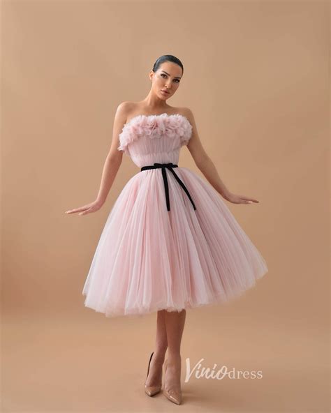 Pink Strapless Short Prom Dresses with Belt Pleated Tulle Hoco Dress F