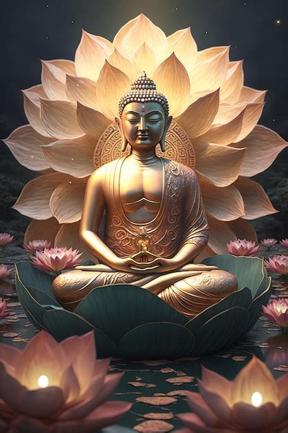 Premium Photo | Buddha in buddhism sits on a golden lotus platform ...