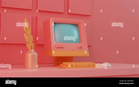 retro tech charm vintage computer setup  pastel decor stock photo