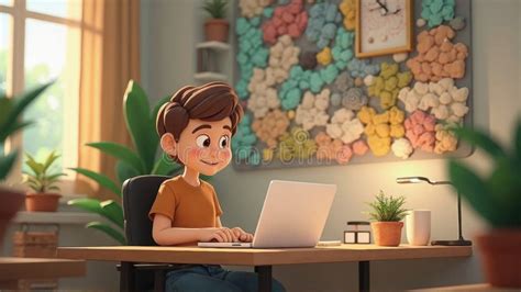 cute cartoon boy  laptop  home desk stock illustration