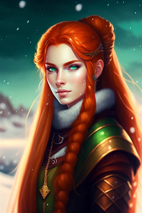 Lexica - Long ginger hair, tanned man in female medieval outfit, green