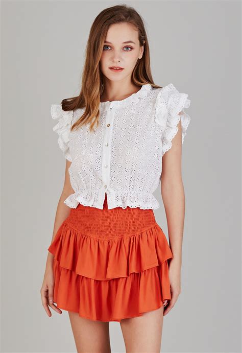 tiered ruffle shirred waist mini skirt  orange retro indie