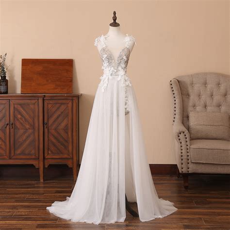 Deep V-neck Prom Dress Long Split Front Wedding Dress White - Etsy UK