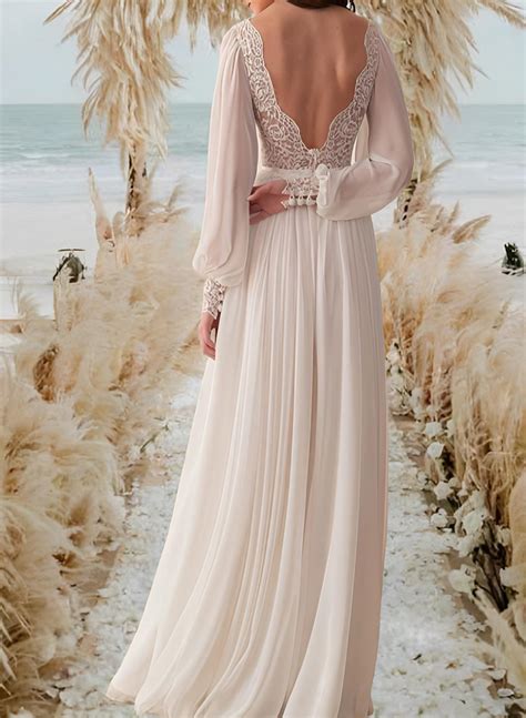 Long Sleeves Lace Open Back Wedding Dresses With V-Neck Chiffon Floor