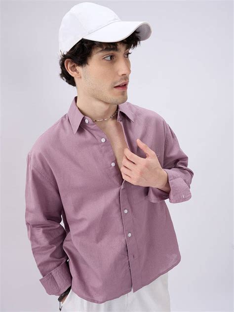 buy dusty mauve linen luxe boxy fit crop shirt buy   rs  men