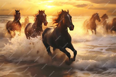 Horses running on the beach in sunset | Premium AI-generated image