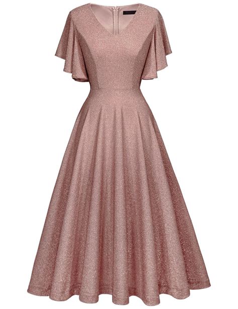 Bridesmay Sparkly Vintage Wedding Guest Cocktail Dress Ruffle Sleeve