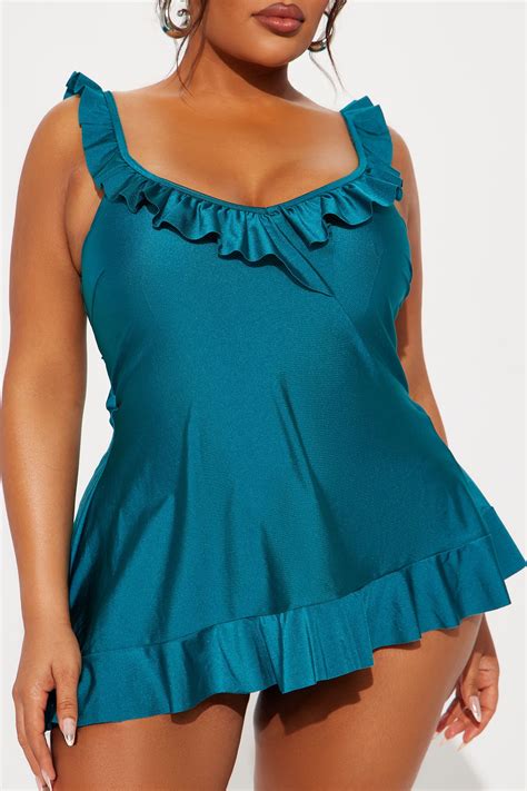 Alison Asymmetrical Ruffle Dress 1 Piece Swimsuit - Teal | Fashion Nova
