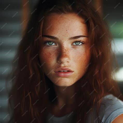 Premium AI Image | Redhead brunette natural girl with freckles Natural