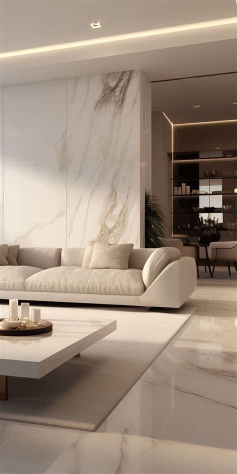 This living room's white marble features create a clean and polished ...