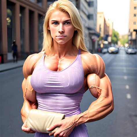 20 year old woman, blond, beautiful, smirking , super-muscle, ri