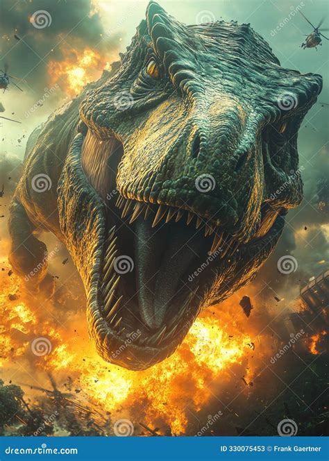 Giant Tyrannosaurus Rex Running from a Series of Explosions with