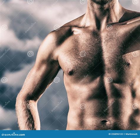 Abs Man Topless Showing Off Toned Body with Cut Six Pack Stomach