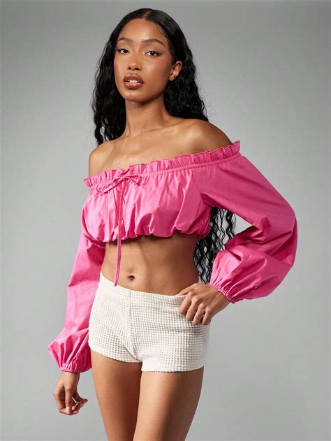 Off Shoulder Bubble Crop Top Long Puff Sleeve Ruffle Trim Summer Beach