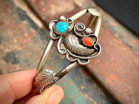 traditional navajo turquoise  coral sterling silver leaf cuff