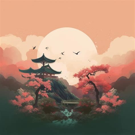 Premium AI Image | a painting of a sunset with a pagoda and pagodas in ...