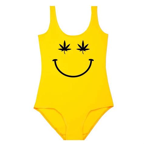 Weed leaf smiley One piece suit bodysuit swimwear beachwear monokini ...