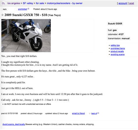 Craigslist ad from a guy selling his cheating boyfriend's track bike