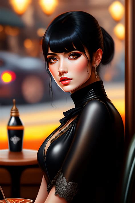 Lexica - Gothic e-girl, Fully body, Black hair, Bangs, In a cafe, High