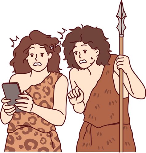 Ancient people with mobile phone in hands marvel at technology from
