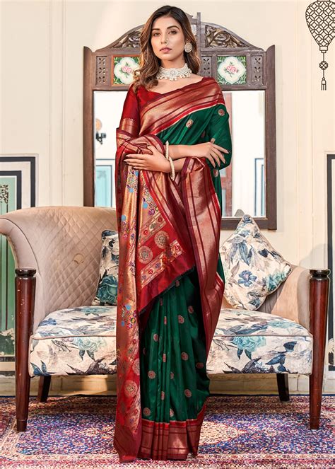dark green  maroon paithani silk saree urban womania