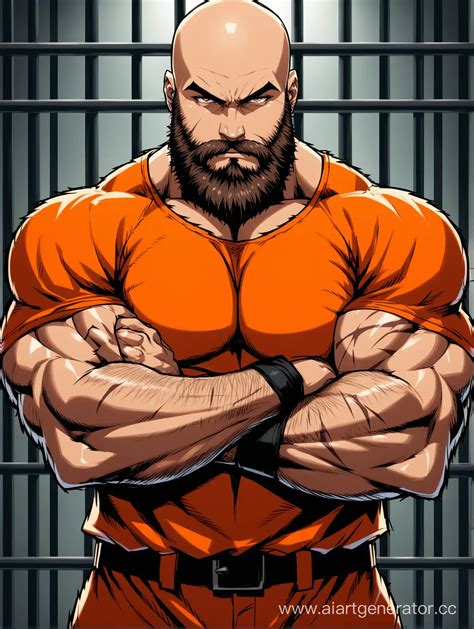 Serious Bald Muscular Man in Orange Prison Suit with Crossed Arms | AI