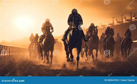 Horse Racing at Sunset. Silhouette of Thoroughbred and Jockey Stock ...