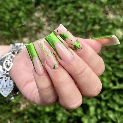 Press on Nails Long Square Fake Nails Glossy Glue on Nails Green Chrome