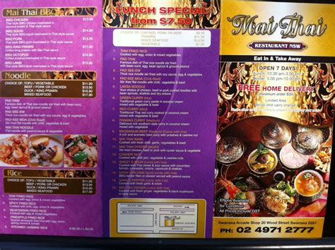 Menu at Mai Thai restaurant, Swansea