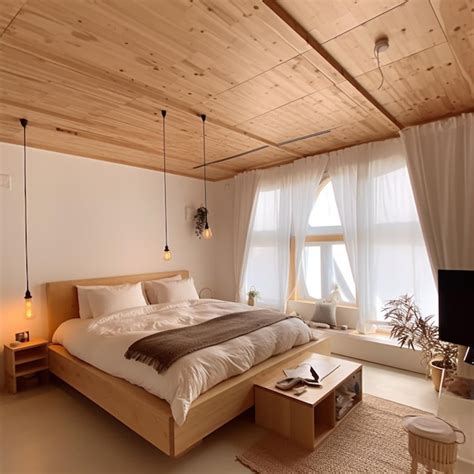 Premium AI Image | A bedroom with a wooden ceiling and a wooden ceiling ...