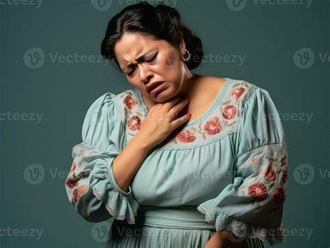 40 year old mexican woman in emotional dynamic pose on solid background