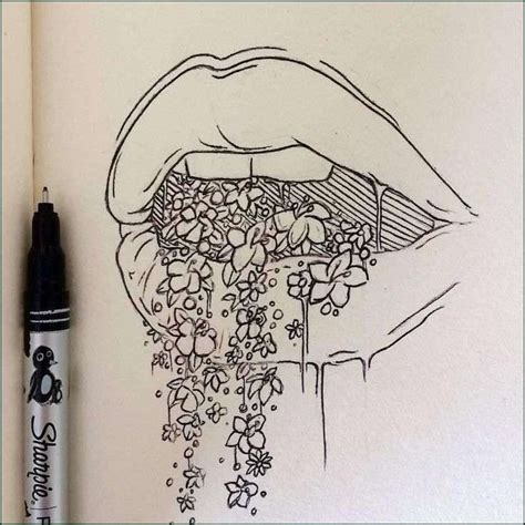 female-lips-flowers-coming-out-of-them-black-and-white-pencil-sketch ...