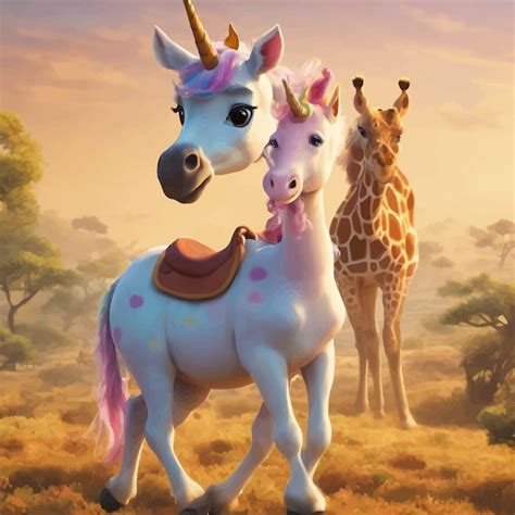 Premium Vector | Cartoon of a baby unicorn riding a giraffe