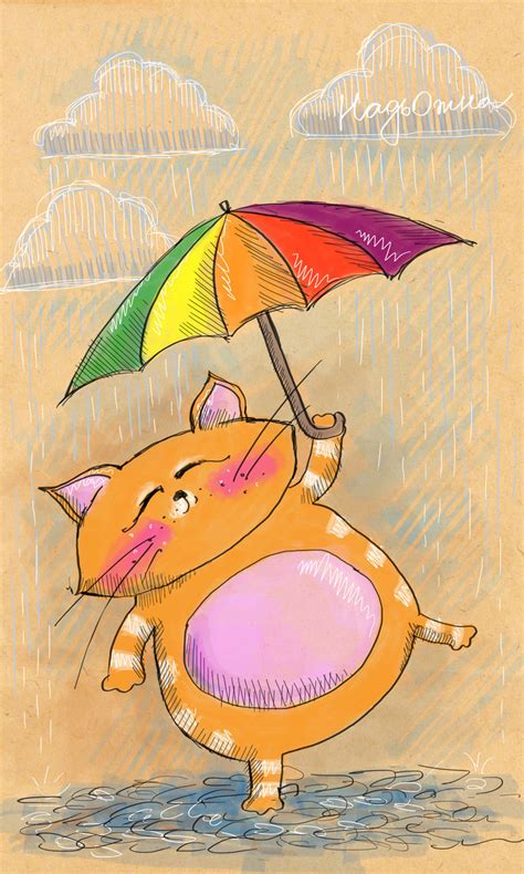 Иллюстрация кот и дождь в стиле анимационный | Illustrators.ru