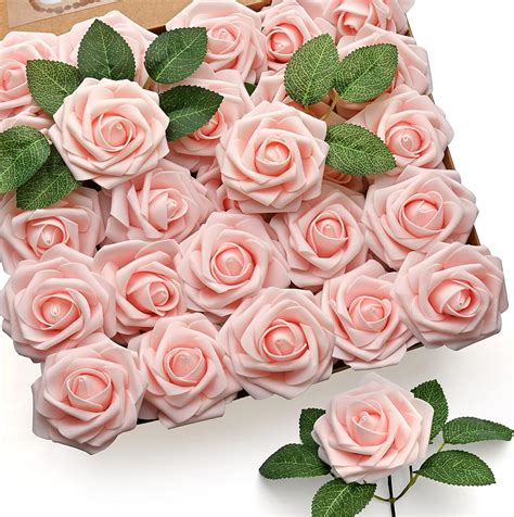 Mocoosy 50Pcs Artificial Rose Flowers, Blush Pink Roses Real Touch Foam ...