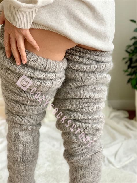 Fuzzy thigh high socks Knitted stockings plus size Wool knee | Etsy