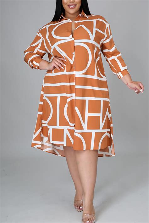 Wholesale Orange Casual Print Patchwork Turndown Collar Shirt Dress Plus Size Dresses K27245-3 ...