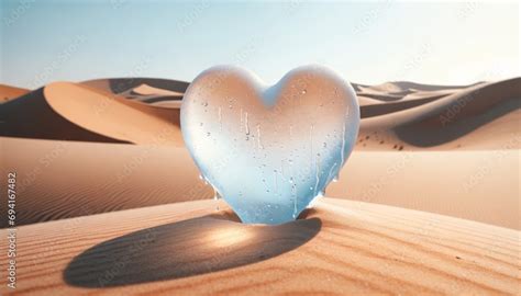 Ice heart sculpture stand and melt in the middle of desert. Conceptual ...