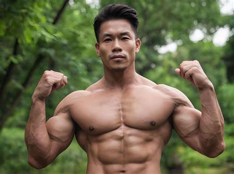 AI generated Bare Chested Muscle Asian Guy Flexing Arms Looking at