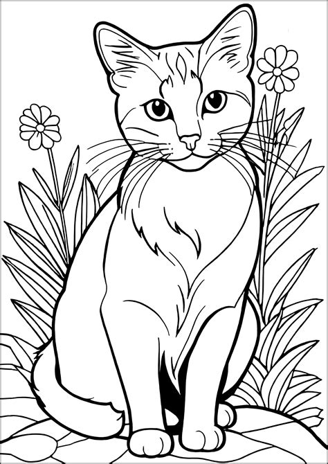Pretty cat and flowers - Cat Coloring Pages