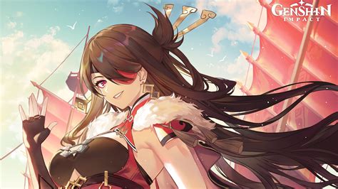 Black Long Hair Beidou Blue Sky Background HD Genshin Impact Wallpapers ...