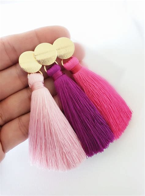 Tassel Earrings. Gold Stud Long Tassel Earrings. Hot Pink - Etsy