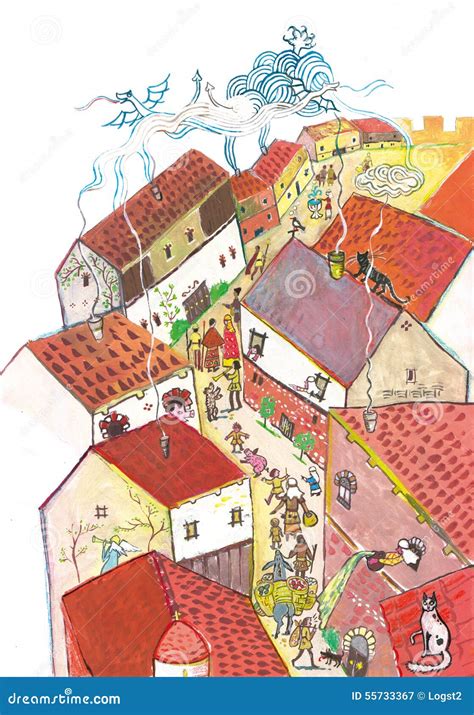 Medieval Town Seen From Above- Hand Drawn Color Illustration, Part Of ...