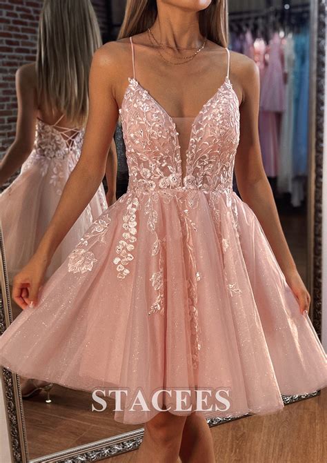 A-line V Neck Sleeveless Short/Mini Tulle Homecoming Dress with