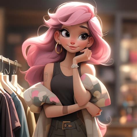 Premium AI Image | cartoon girl with pink hair and a black top standing ...