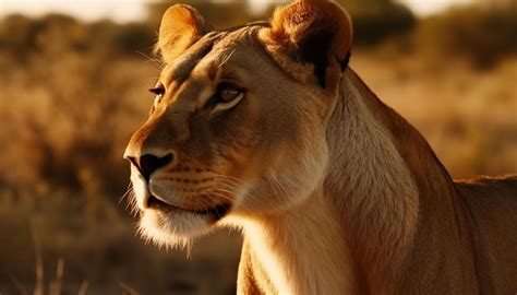 Majestic lioness walking in the savannah, alertness in her eyes
