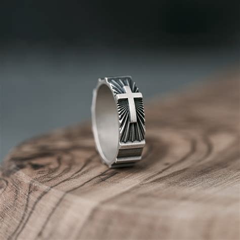 Christian Cross Men Promise Ring, Cross Handmade Wedding Band, Silver